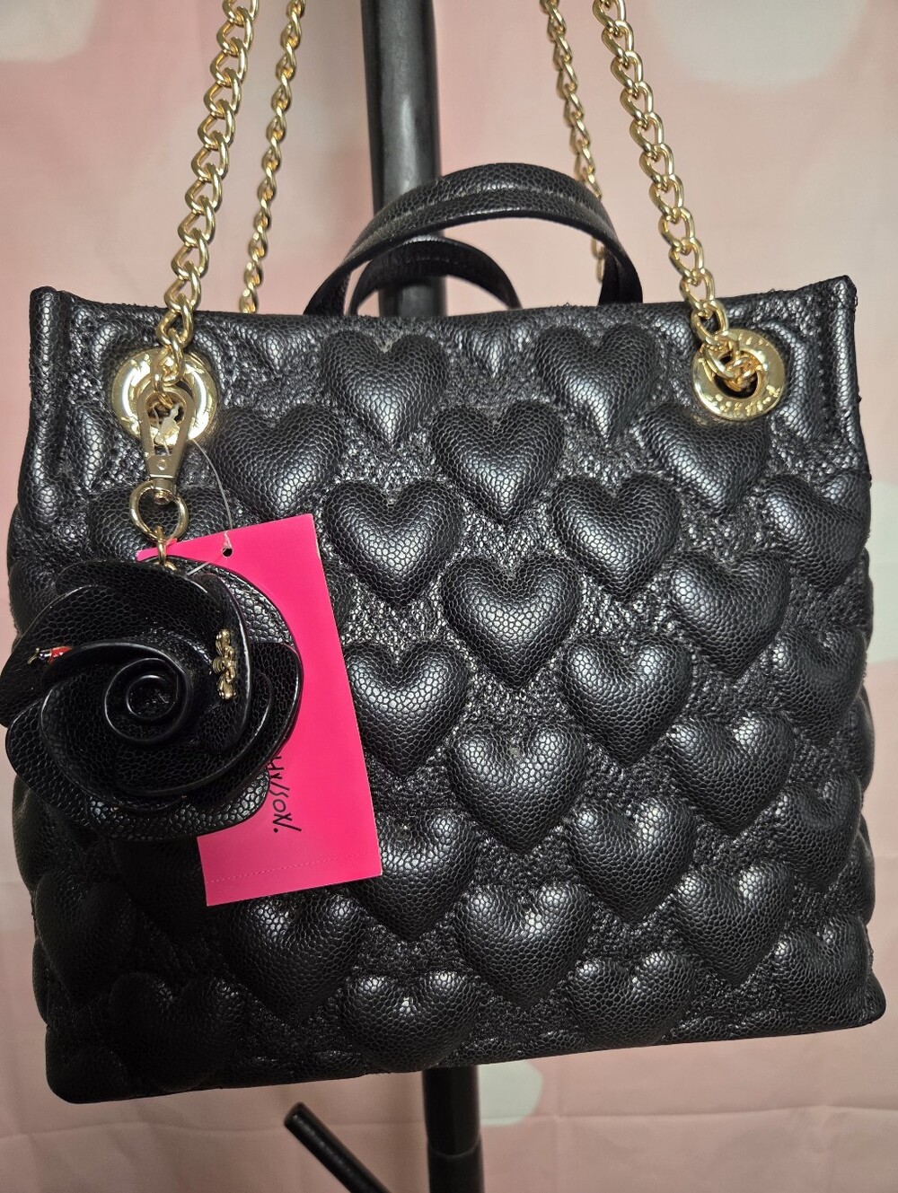 Betsey Johnson Black Quilted Heart Tote with Gold Chain Shoulder Strap NWT